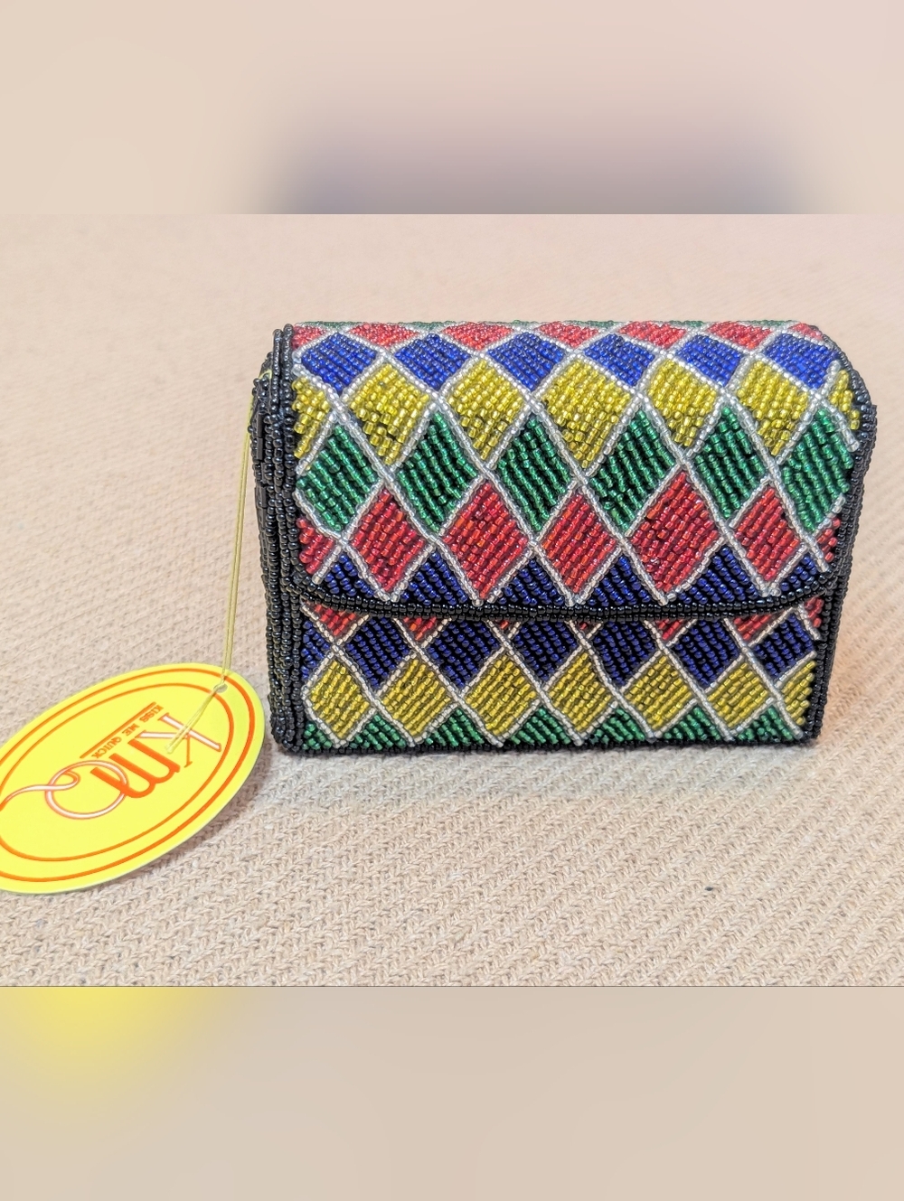 Vintage Beaded Mini Purse Colorful Geometric Diamond Pattern Kiss Me Quick
